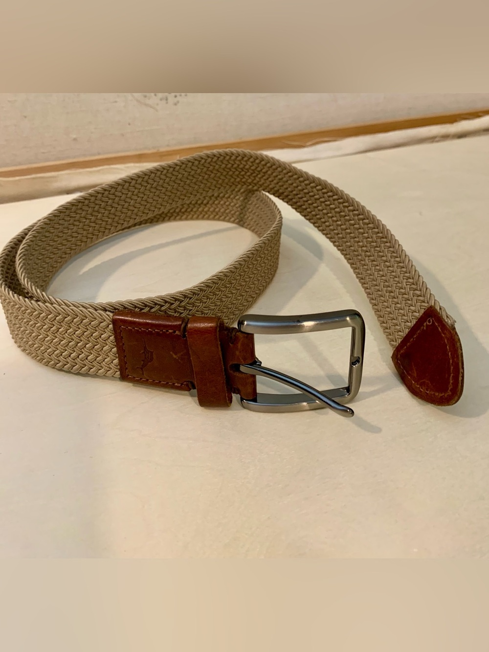 Tommy Bahama Beige Woven Belt with Brown Leather Trim, S/M